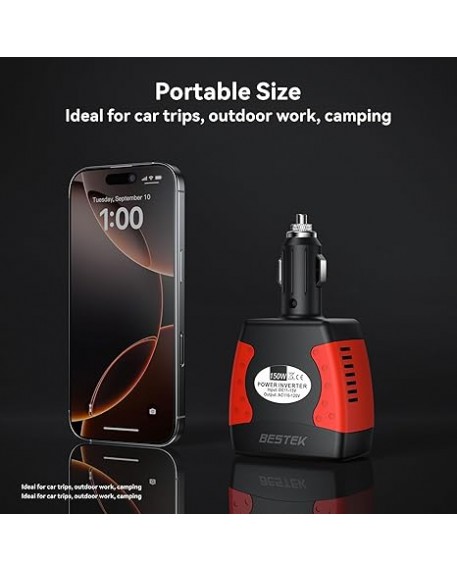 BESTEK 150W Power Inverter 12V to 110V with PD30W QC18W Dual USB Ports